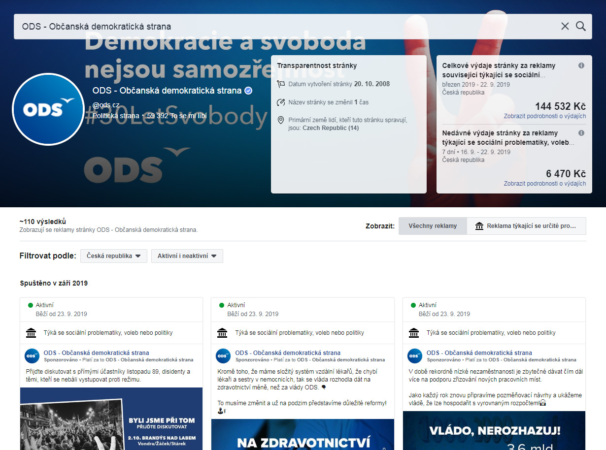 ODS - výdaje strany za reklamu na Facebooku